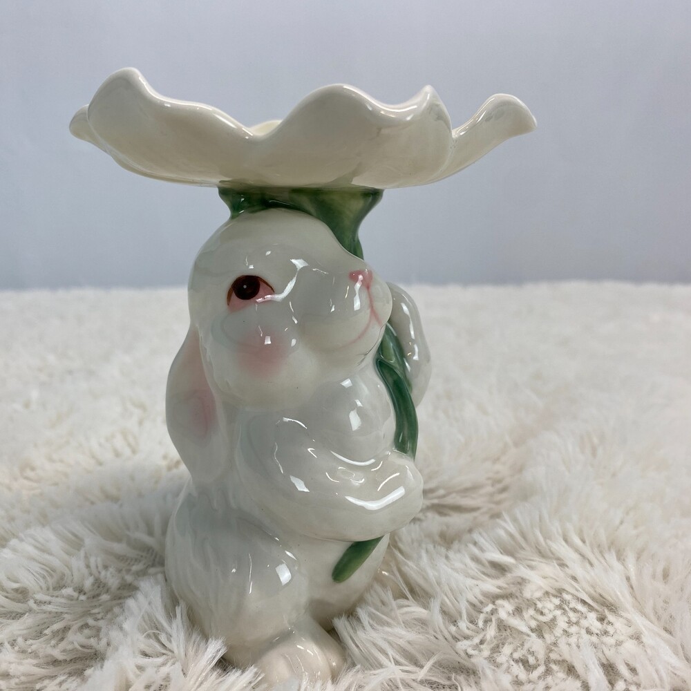 Vintage Porcelain Ceramic White Rabbit Flower Candle Holder Kitsch Cute